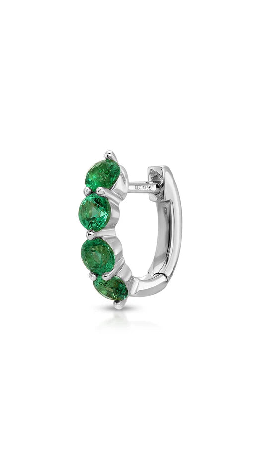 Ef collection Single Jumbo Prong Set Emerald Mini Huggie Earrings in white gold on white background. 