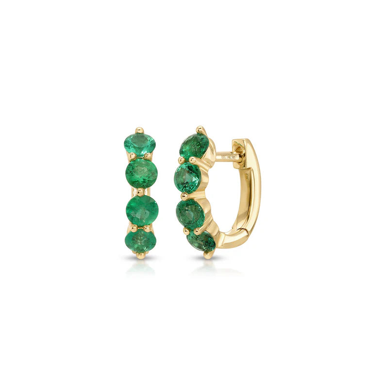 Ef collection Jumbo Prong Set Emerald Mini Huggie Earrings in yellow gold on white background. 