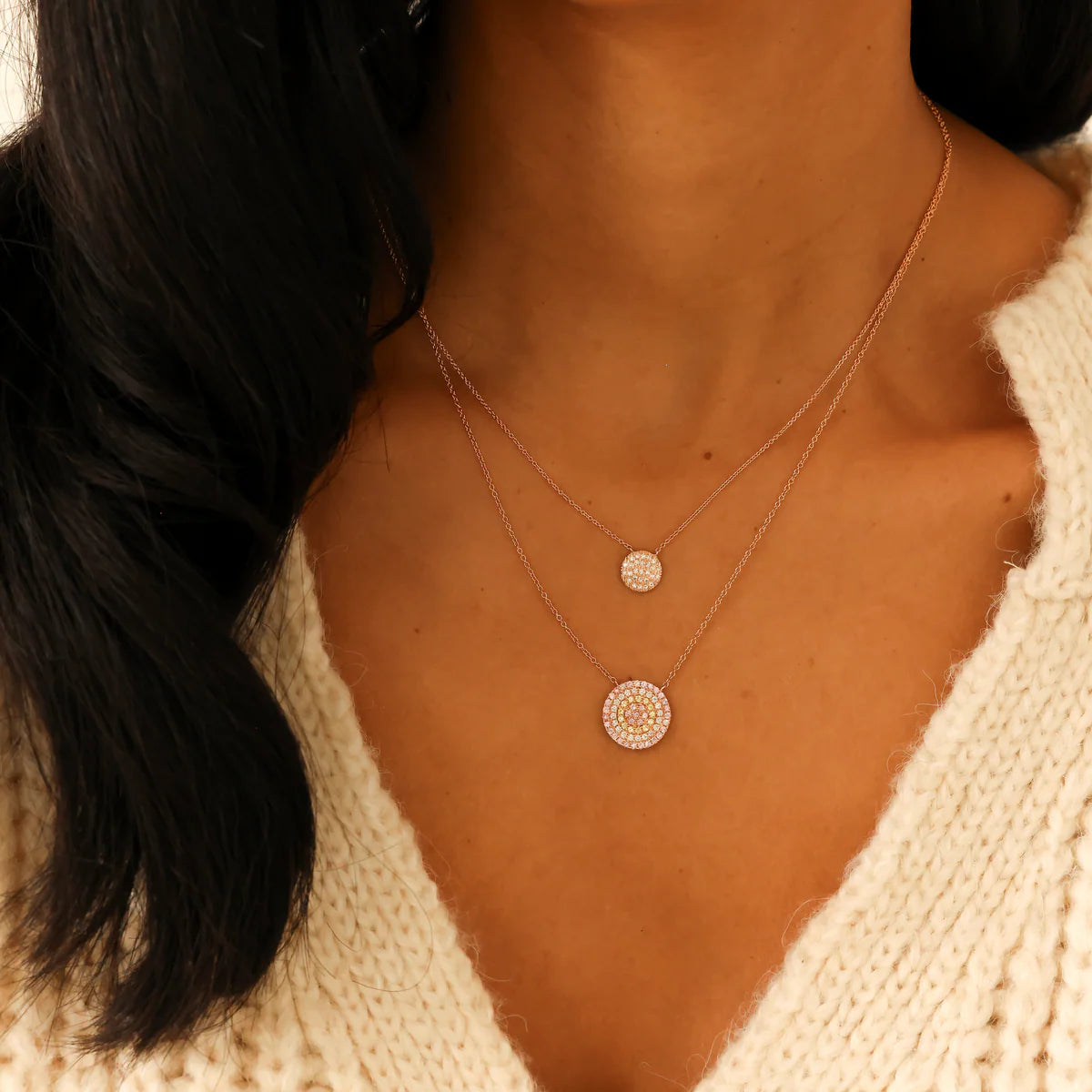 close up of Dana Rebecca Designs Lauren Joy Medium Disc Necklace in rose Gold