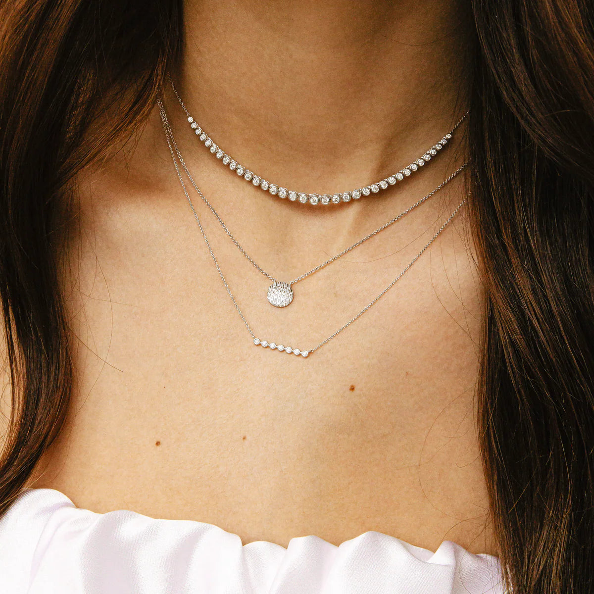 close up of Dana Rebecca Designs Lauren Joy Medium Disc Necklace in white Gold