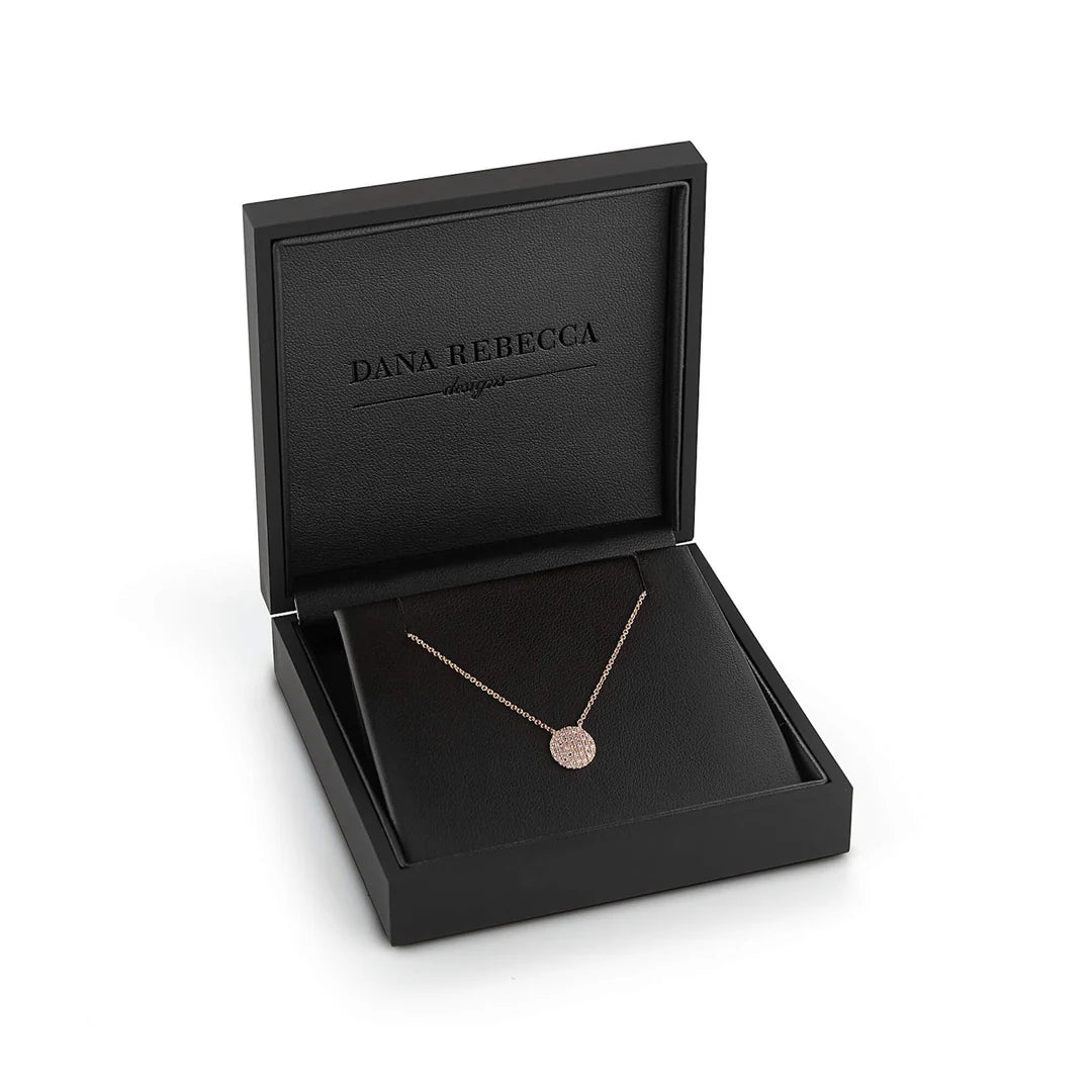 Dana Rebecca Designs Lauren Joy Medium Disc Necklace in rose gold in a box on a  white background 