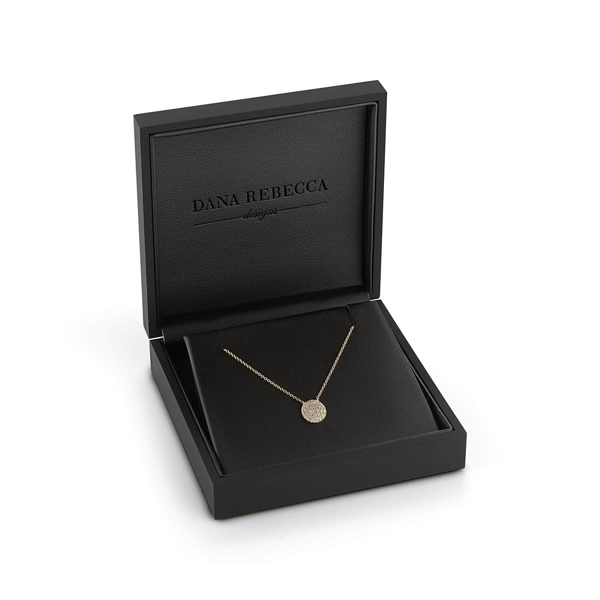 Dana Rebecca Designs Lauren Joy Medium Disc Necklace in yellow gold in a box on a  white background 