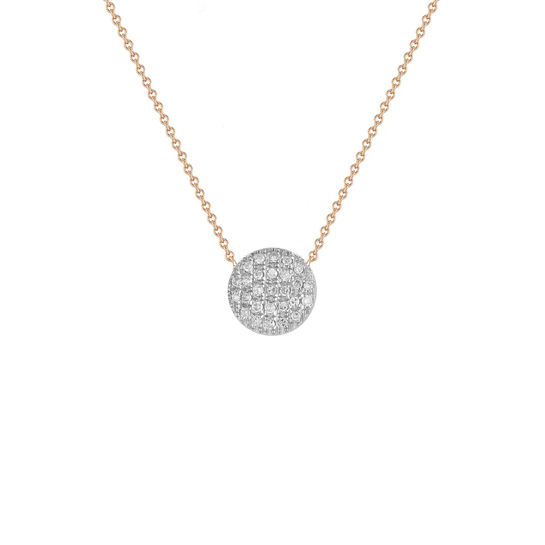 Dana Rebecca Designs Lauren Joy Medium Disc Necklace in rose and white gold on white background 
