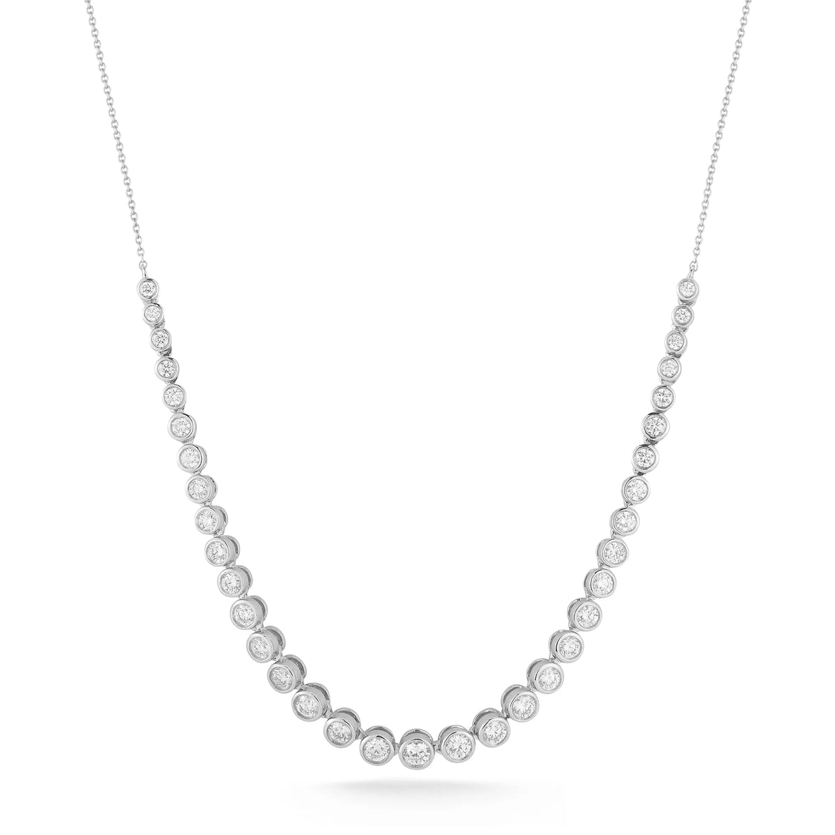 Dana Rebecca Designs Lulu Jack Graduating Bezel Tennis Necklace in white gold on white background 