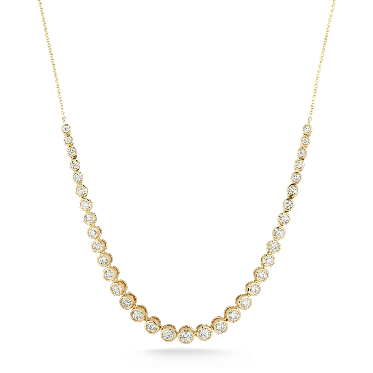 Dana Rebecca Designs Lulu Jack Graduating Bezel Tennis Necklace in yellow gold on white background 