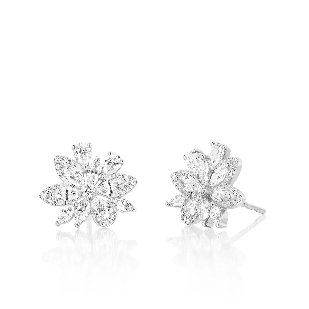 EF-Collection Marquise Diamond Cluster Stud Earrings in white gold on white background 