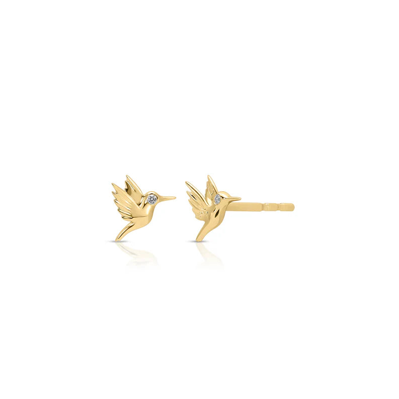 EF Collection Mini Hummingbird Stud Earring in yellow gold on white background.