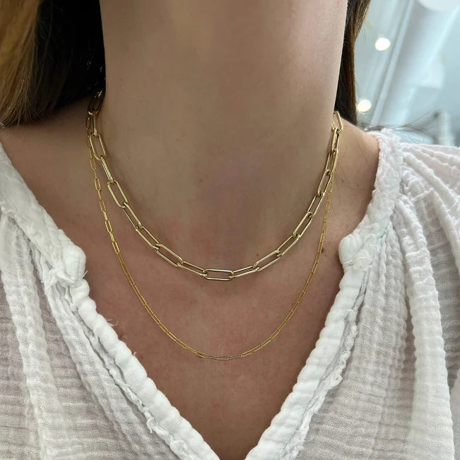 EF Collection Mini Lola Chain Necklace in yellow gold styled on models neck. 