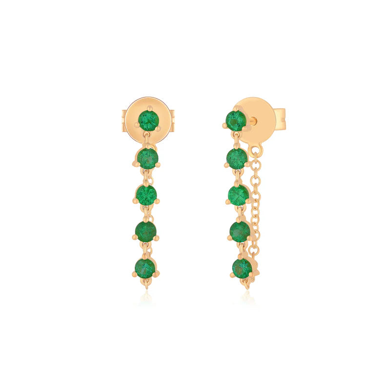 EF-Collection Multi Emerald Chain Stud Earrings in rose gold on white background