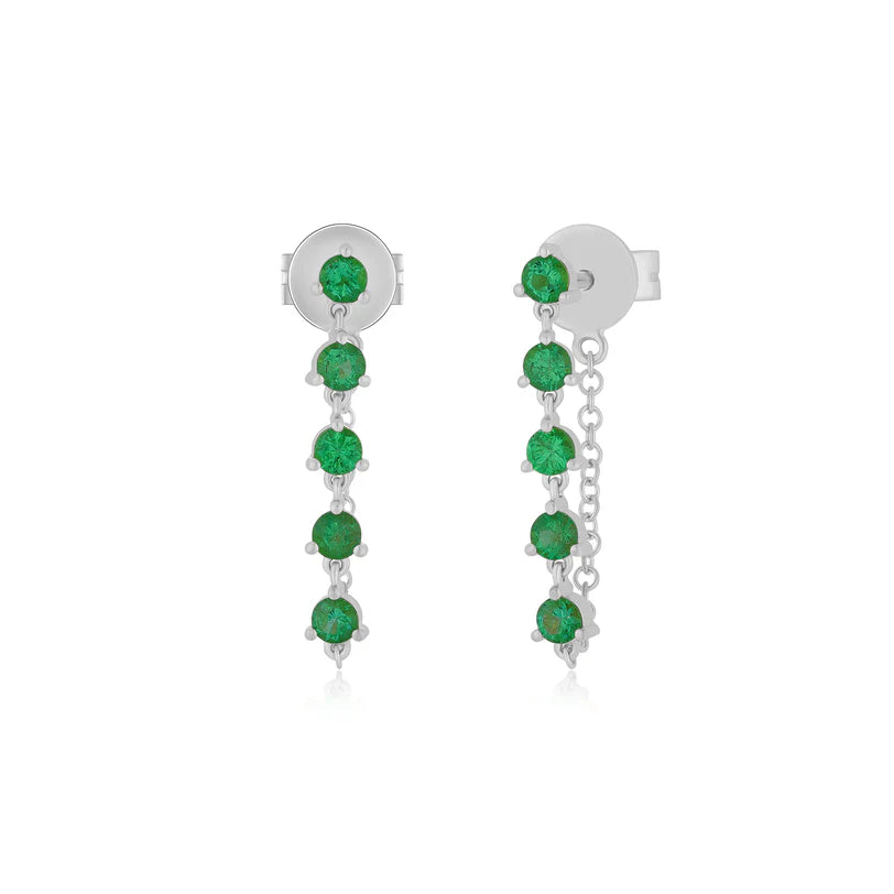 EF-Collection Multi Emerald Chain Stud Earrings in white gold on white background 