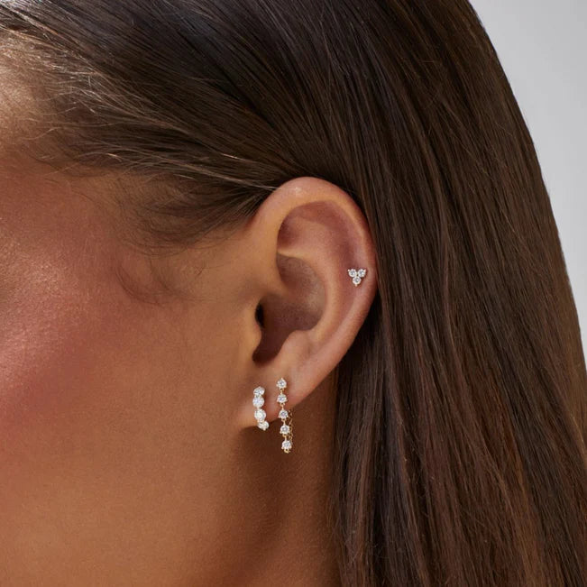 EF-Collection Multi Diamond Chain Stud Earrings in white gold on models ear with round diamond huggie 