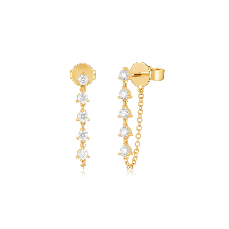 EF-Collection Multi Diamond Chain Stud Earrings in yellow gold on white background 