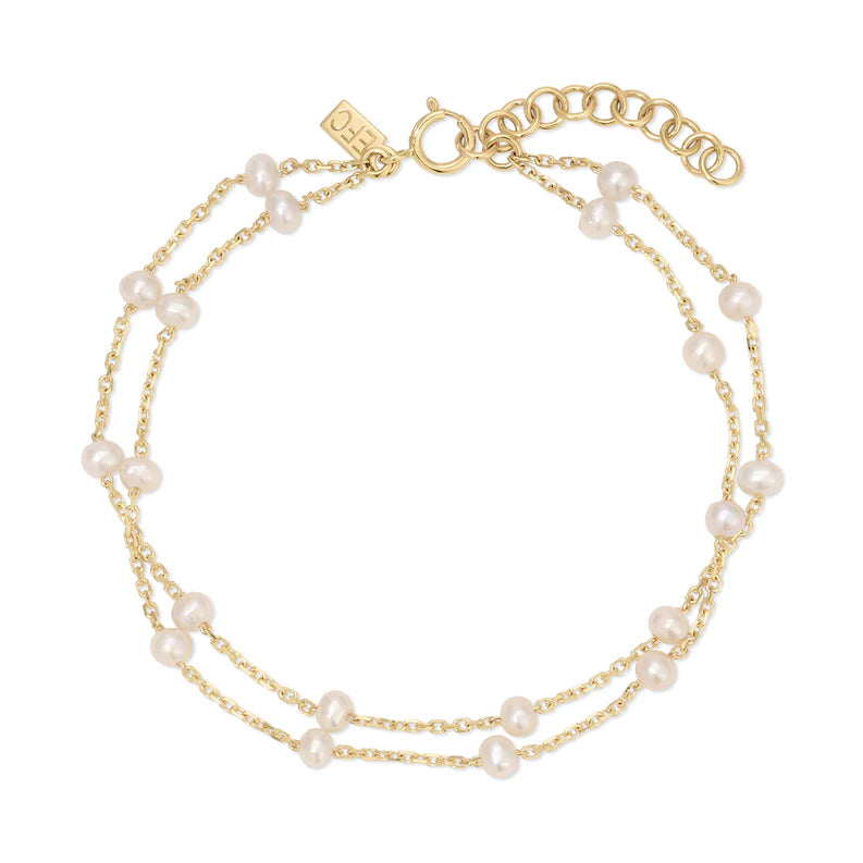 EF Collection Multi Pearl Double Chain Bracelet in yellow gold on white background