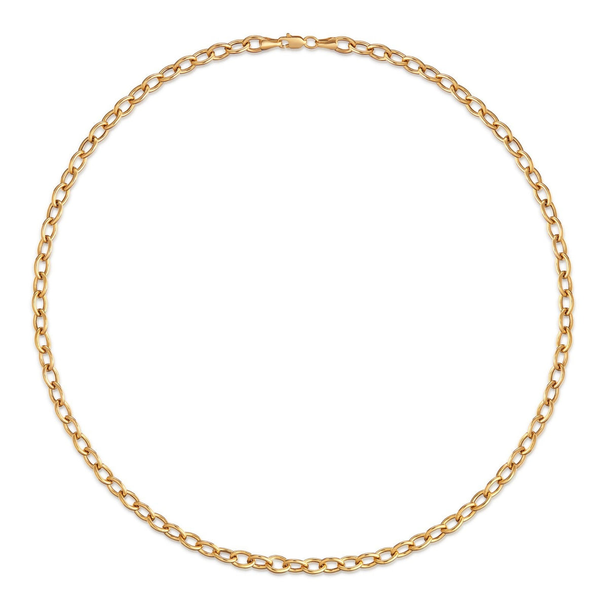 Product Shot of Onirikka 5MM rolo chain necklace in yellow gold on a white background. 