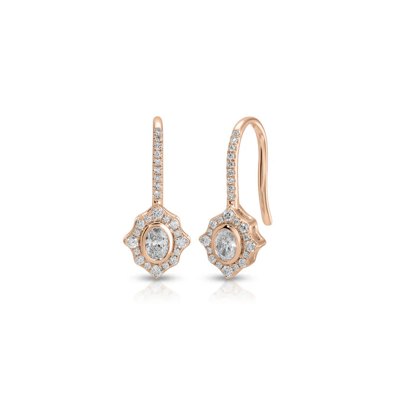 EF Collection Oval Diamond Daphne Drop Earrings in rose gold on white background.