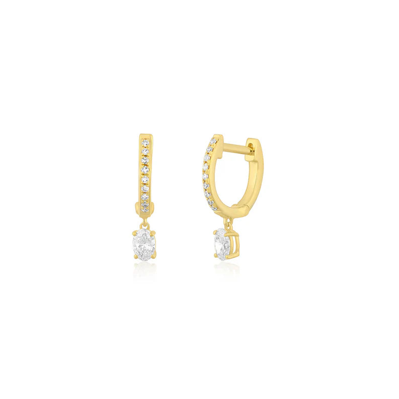 EF Collection Oval Drop Diamond Mini Huggie Earring in yellow gold on white background. 