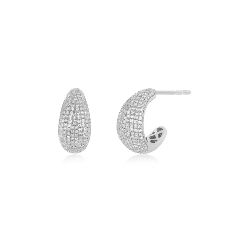 EF Collection Pavé Diamond Jumbo Dome Huggie Earrings in white gold on white background. 