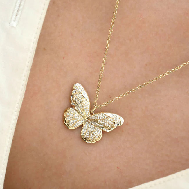 Close up of EF Collection Pavé Diamond Jumbo Butterfly Necklace in yellow gold 