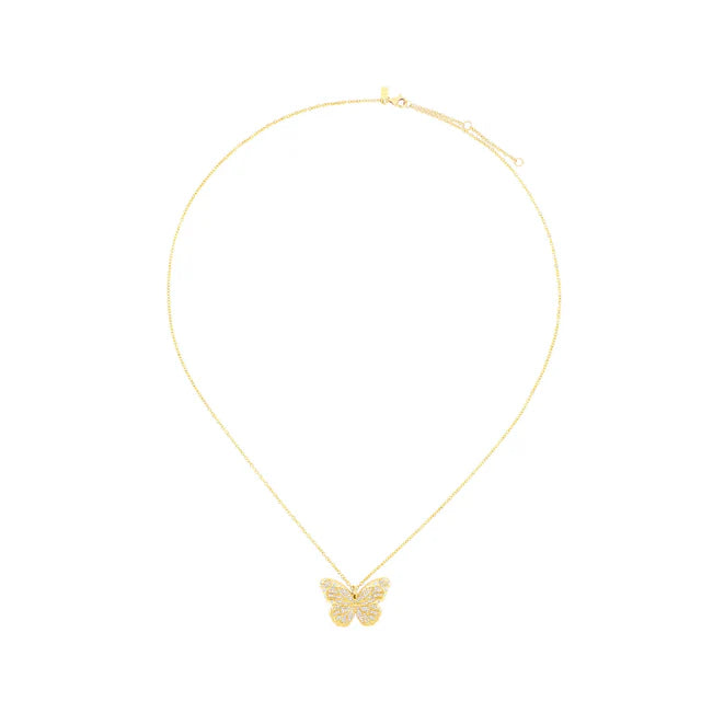 Full photo of EF Collection Pavé Diamond Jumbo Butterfly Necklace in yellow gold on white background. 
