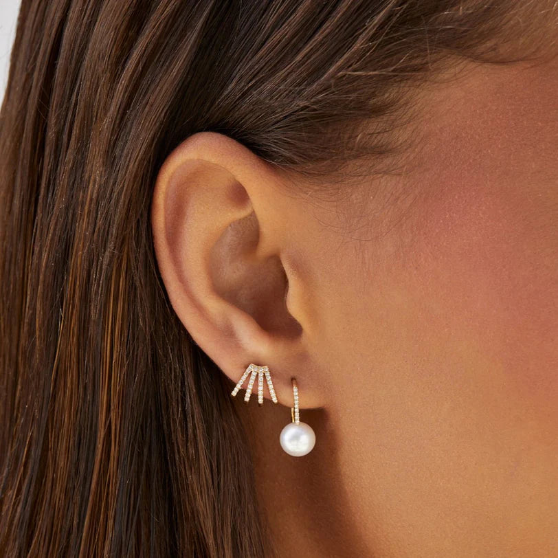 Ef collection Pearl Ball Drop Earrings in yellow gold styled on models ear. 