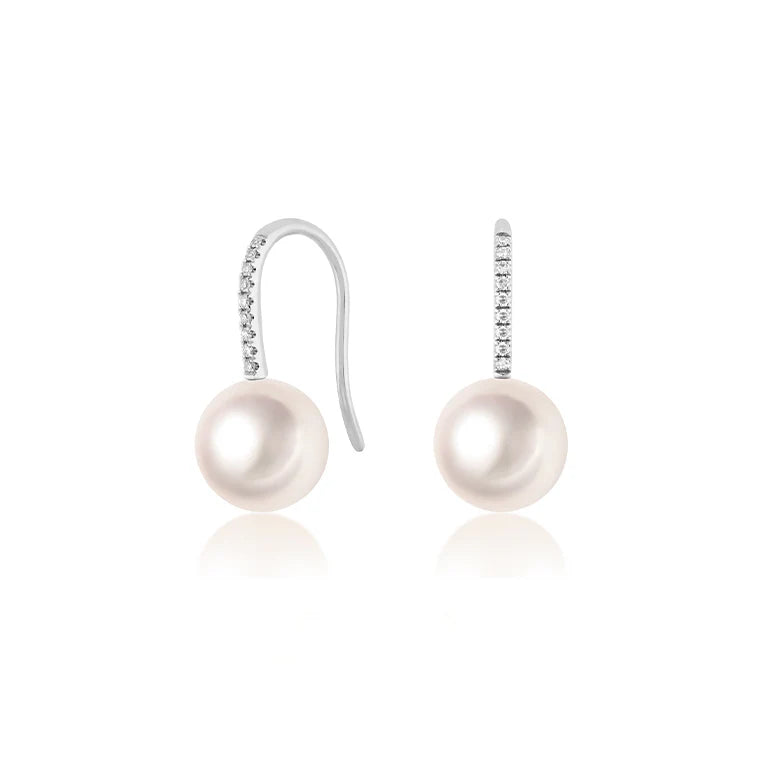 Ef collection Pearl Ball Drop Earrings in white gold displayed on a white background. 