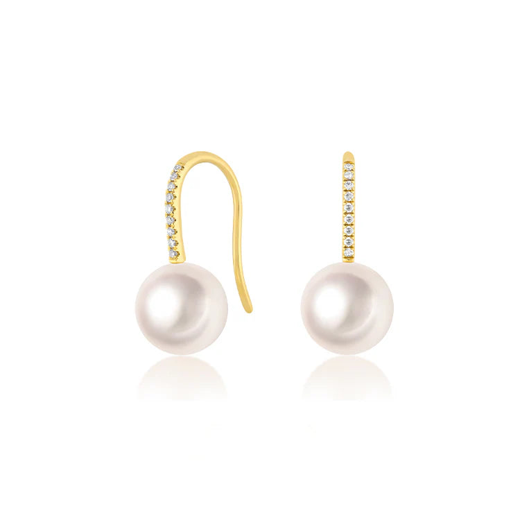 EF collection Pearl Ball Drop Earrings in yellow gold displayed on a white background. 