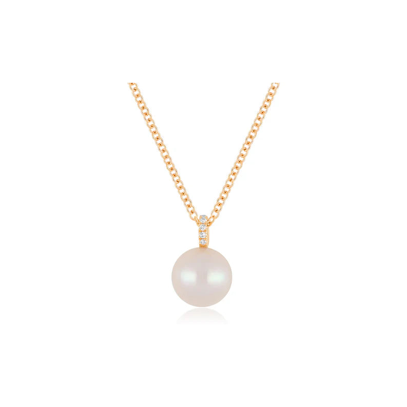 EF Collection Pearl Ball Drop Necklace in rose gold on white background. 
