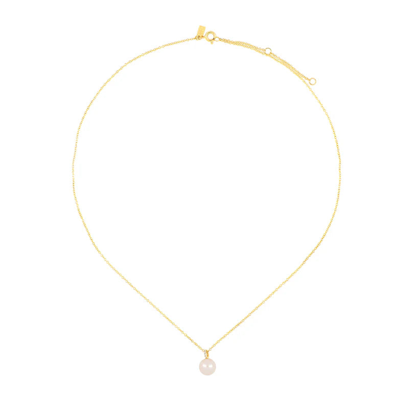 Full photo of EF Collection Pearl Ball Drop Necklace in yellow gold on white background. 