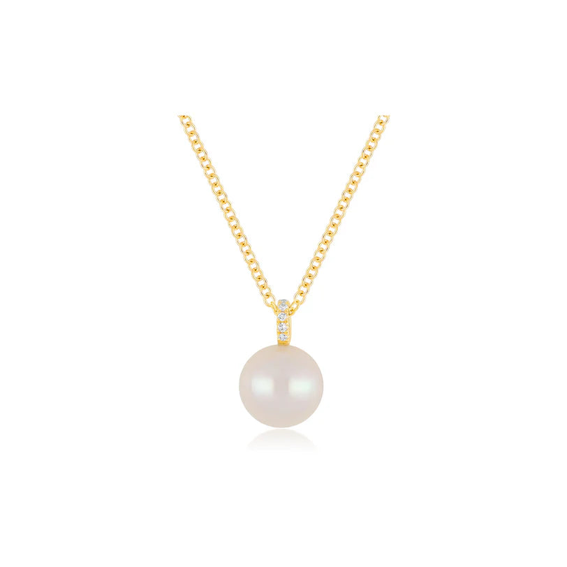 EF Collection Pearl Ball Drop Necklace in yellow gold on white background. 