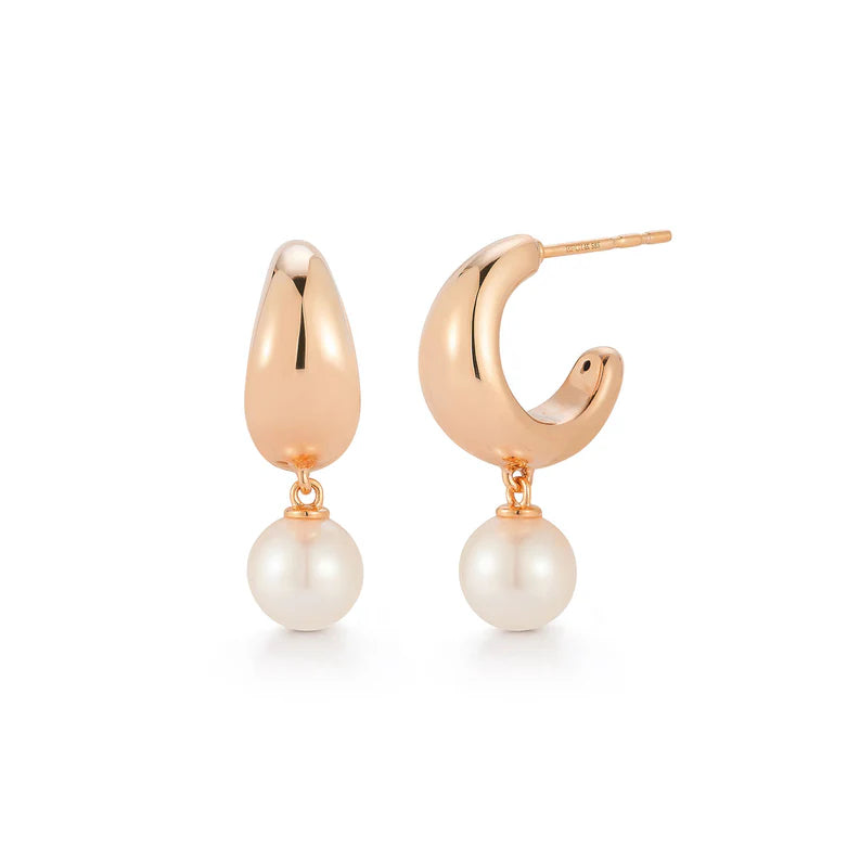EF Collection Pearl Drop Gold Jumbo Dome Huggie Earrings in rose gold on white background