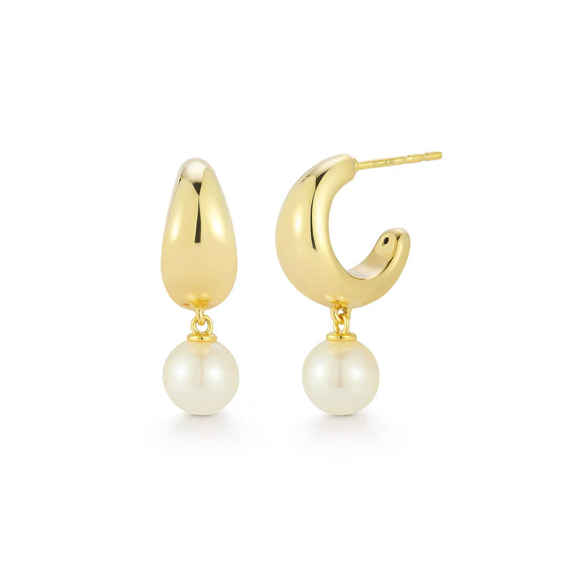 EF Collection Pearl Drop Gold Jumbo Dome Huggie Earrings in yellow gold on white background