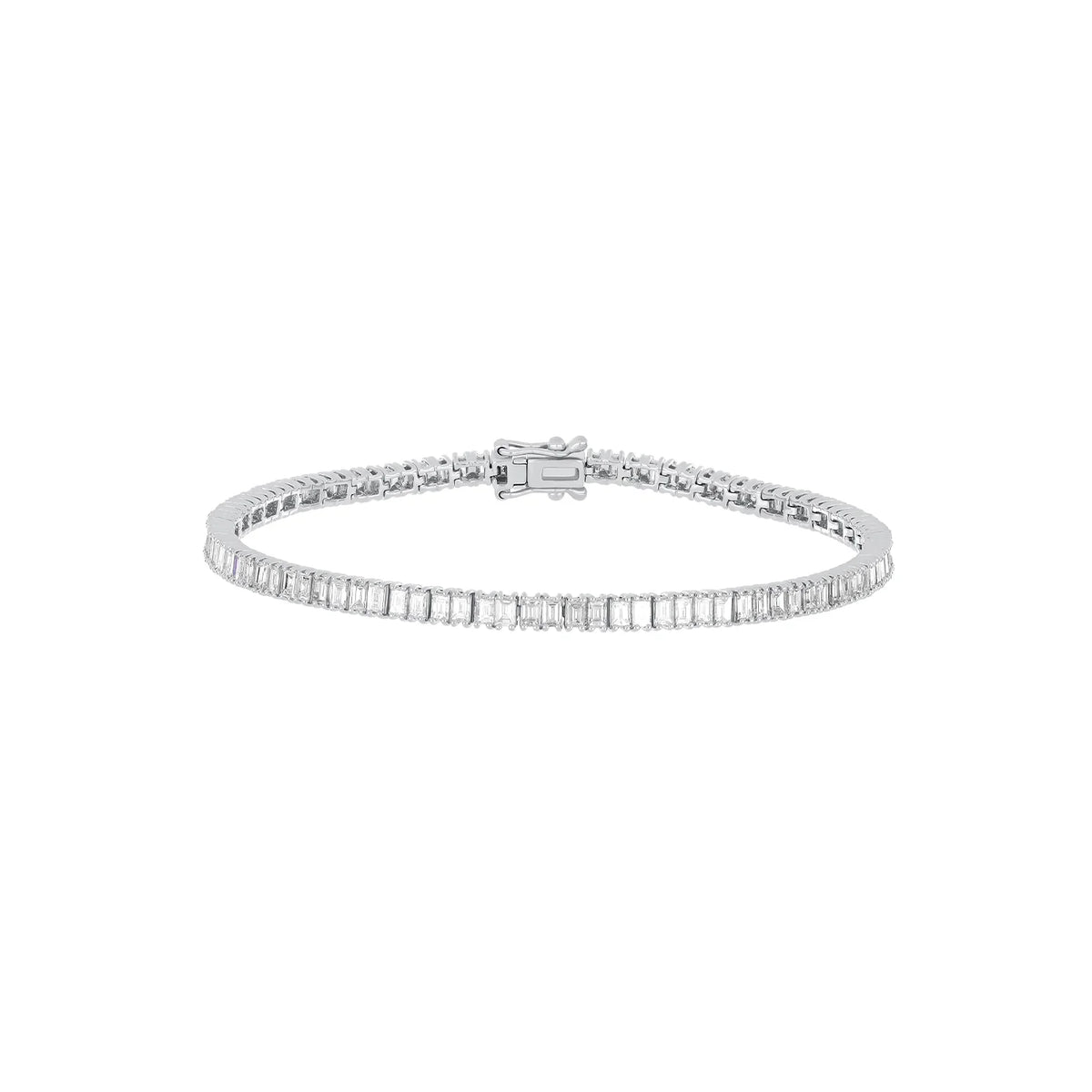 EF Collection Prong Set Diamond Baguette Eternity Bracelet in white gold on white background. 