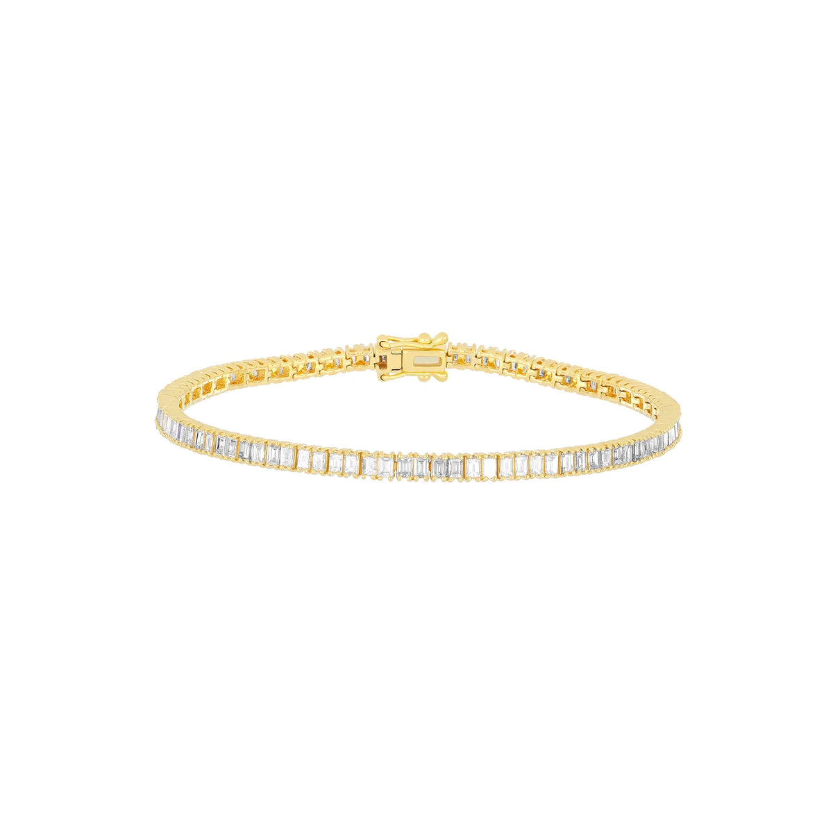 EF Collection Prong Set Diamond Baguette Eternity Bracelet in yellow gold on white background. 
