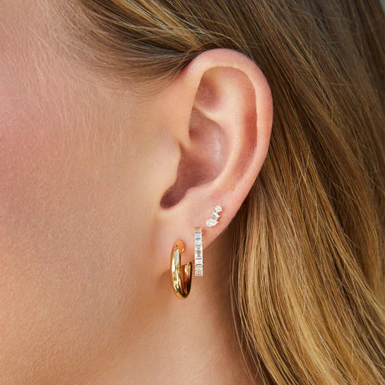 EF-Collection Prong Set Diamond Baguette Hoop Earrings in yellow gold styled with yellow gold hoop