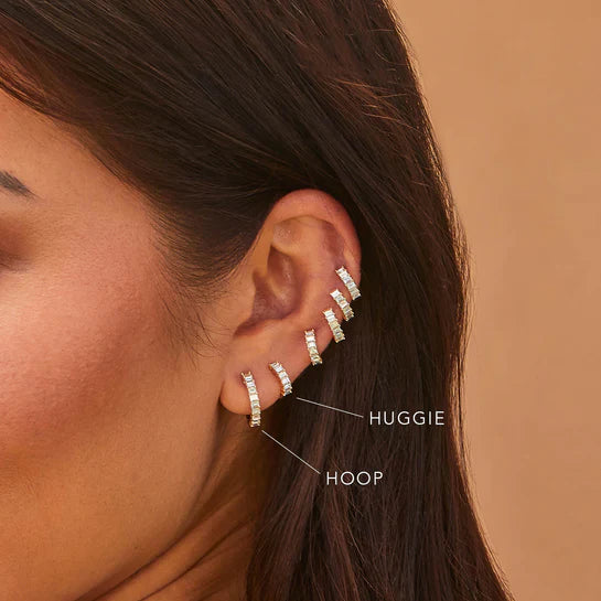 EF-Collection Prong Set Diamond Baguette Hoop Earrings on models ears comparing sizes with the huggie earring