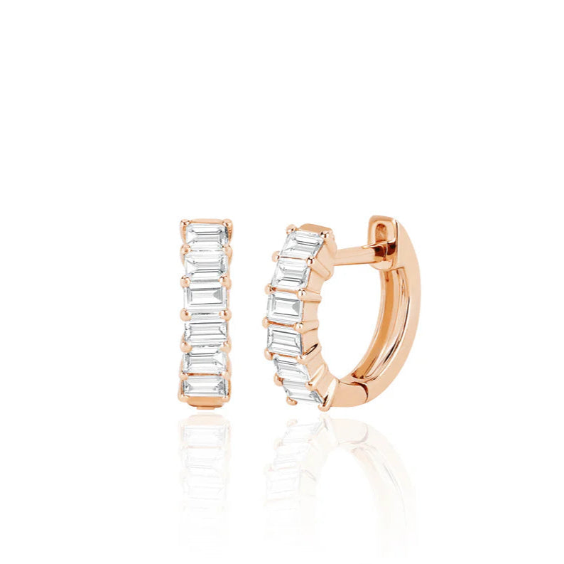 EF-Collection Prong Set Diamond Baguette Huggie Earrings in rose gold on white background 