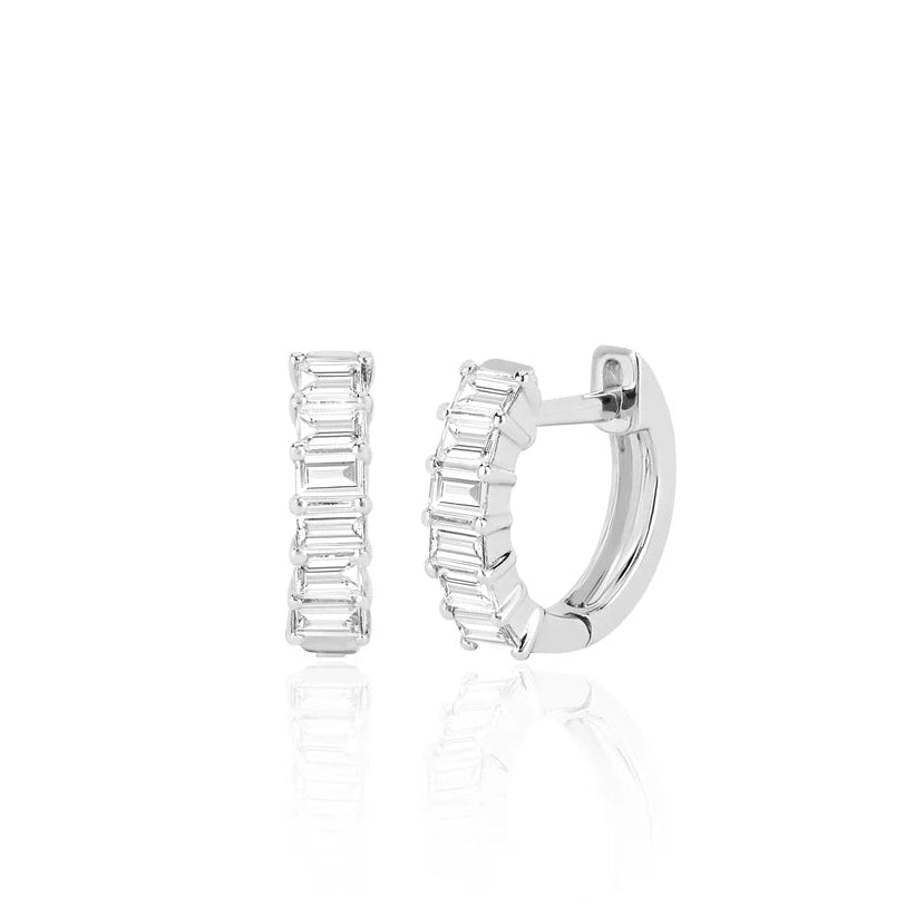 EF-Collection Prong Set Diamond Baguette Huggie Earrings in white gold on white background 