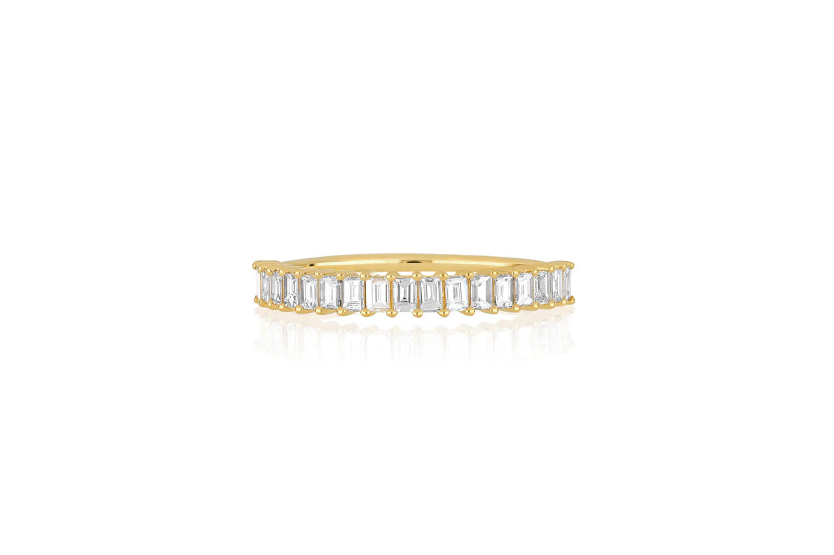 EF Collection Prong Set Diamond Baguette Ring in yellow gold on white background. 