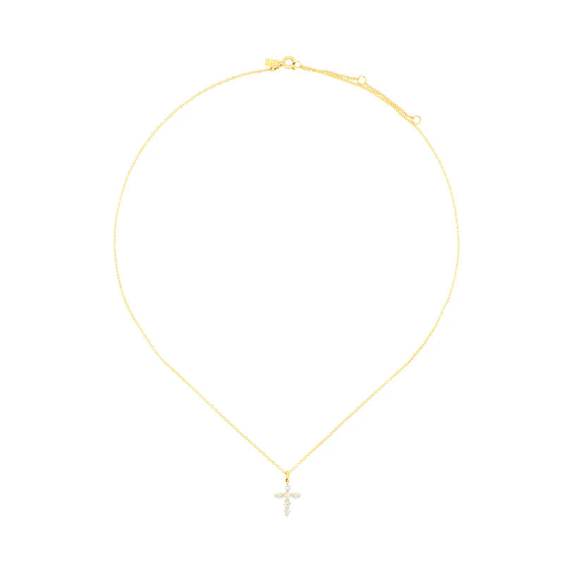 Full photo of EF Collection Prong Set Diamond Cross Necklace in yellow gold on white background. 