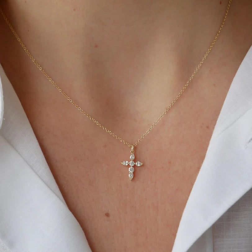 EF Collection Prong Set Diamond Cross Necklace in yellow gold on models neck