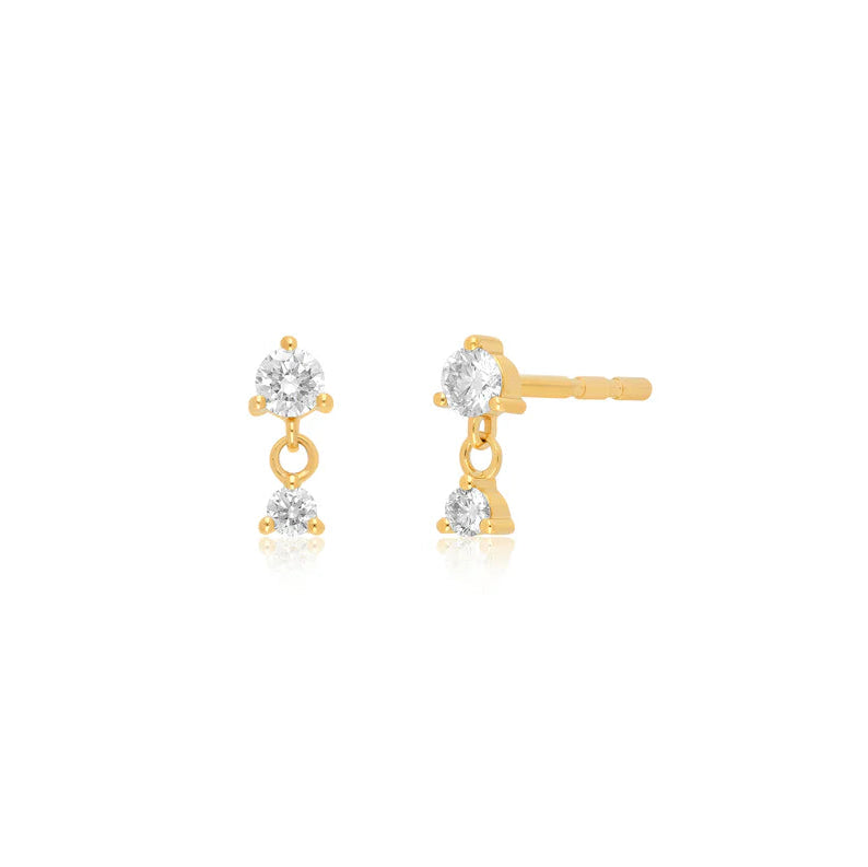 EF Collection Prong Set Diamond Dangle Stud Earring in yellow gold on white background. 