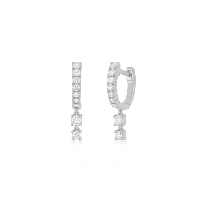 EF Collection Prong Set Diamond Double Drop Mini Huggie Earring in white gold on white background. 
