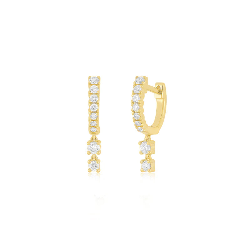 EF Collection Prong Set Diamond Double Drop Mini Huggie Earring in yellow gold on white background. 