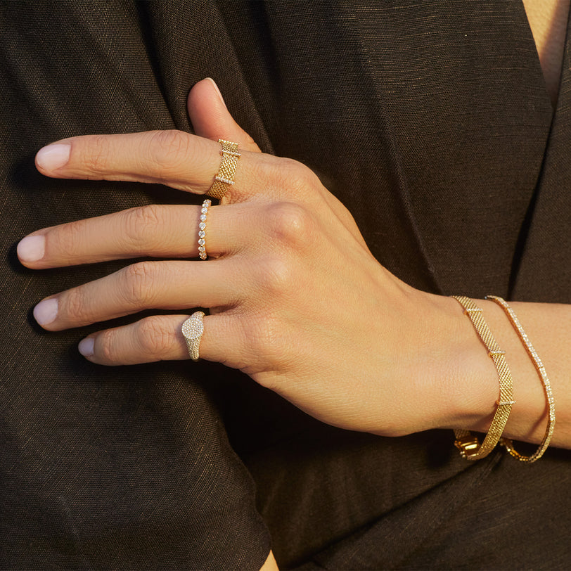 EF Collection Prong Set Diamond Ring in yellow gold on model’s finger.
