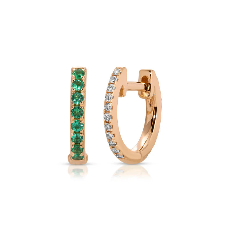 EF Collection Reversible Diamond And Emerald Mini Huggie Earrings in rose gold displayed on a white background. 