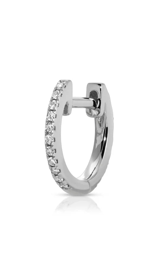 EF Collection Single Reversible Diamond And Emerald Mini Huggie Earrings in white gold displayed on a white background. 