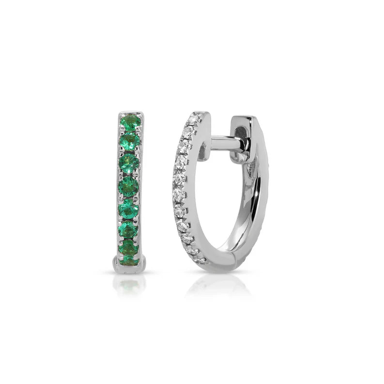 EF Collection Reversible Diamond And Emerald Mini Huggie Earrings in white gold displayed on a white background. 