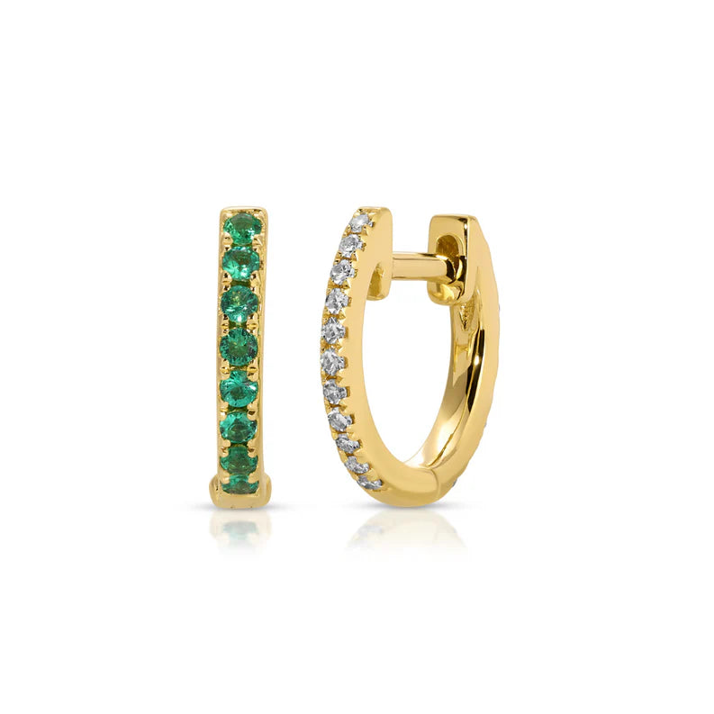 EF Collection Reversible Diamond And Emerald Mini Huggie Earrings in yellow gold displayed on a white background. 