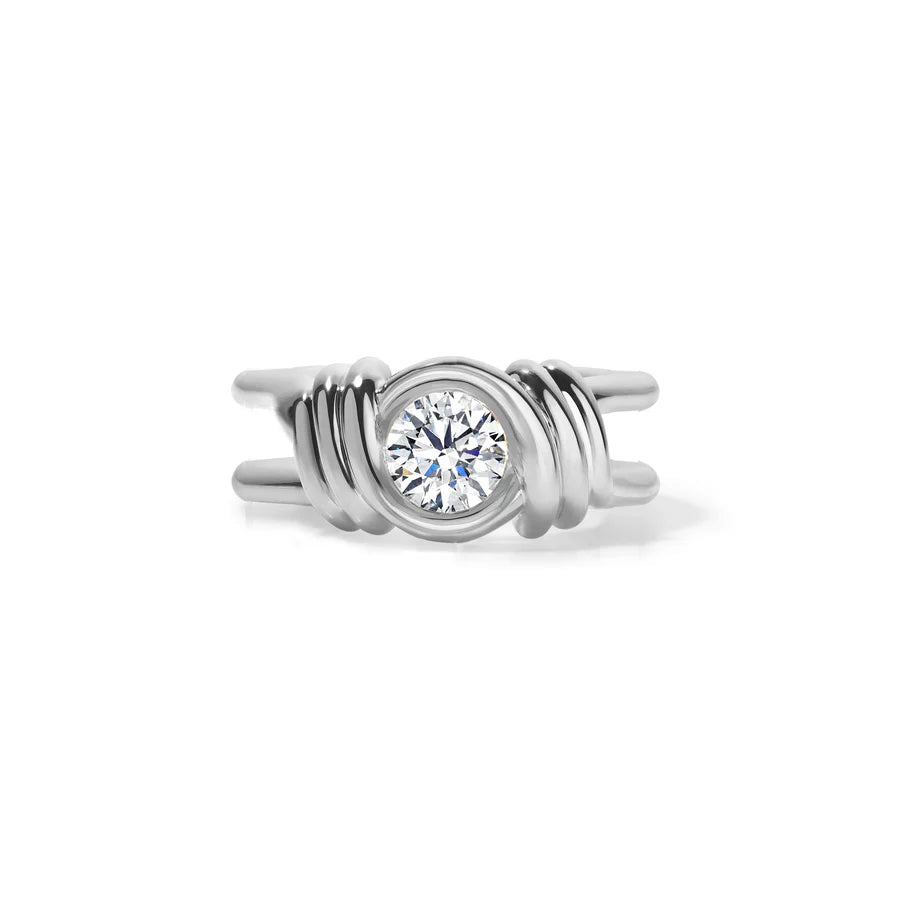 Rosario Navia Twist Link Round Diamond Ring in white gold on white background