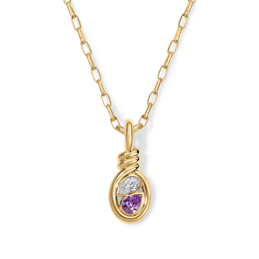 Rosario Navia Twist Two-Stone Pendant Diamond & Purple Sapphire in yellow gold on white background 